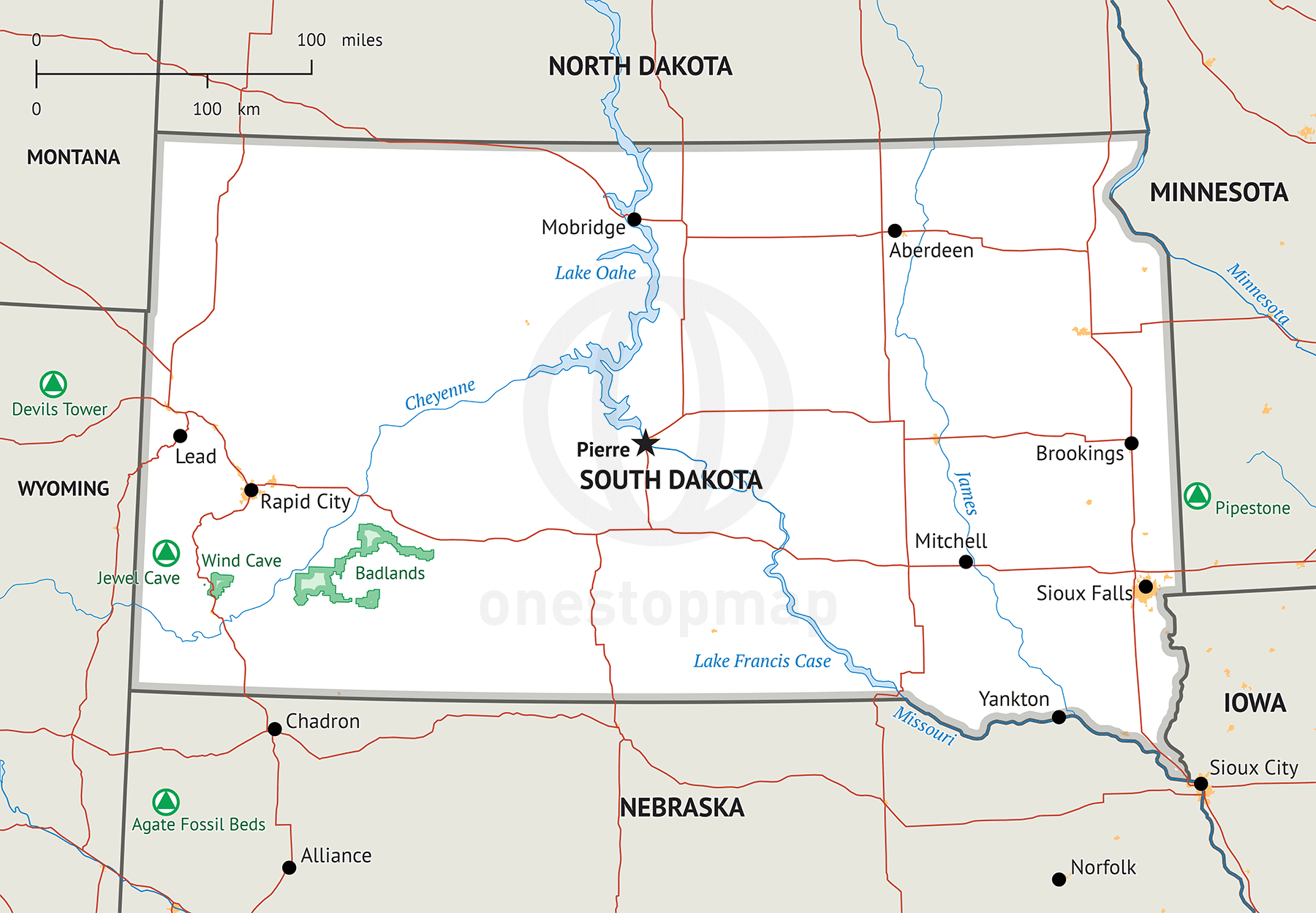Bản đồ của tiểu bang South Dakota
