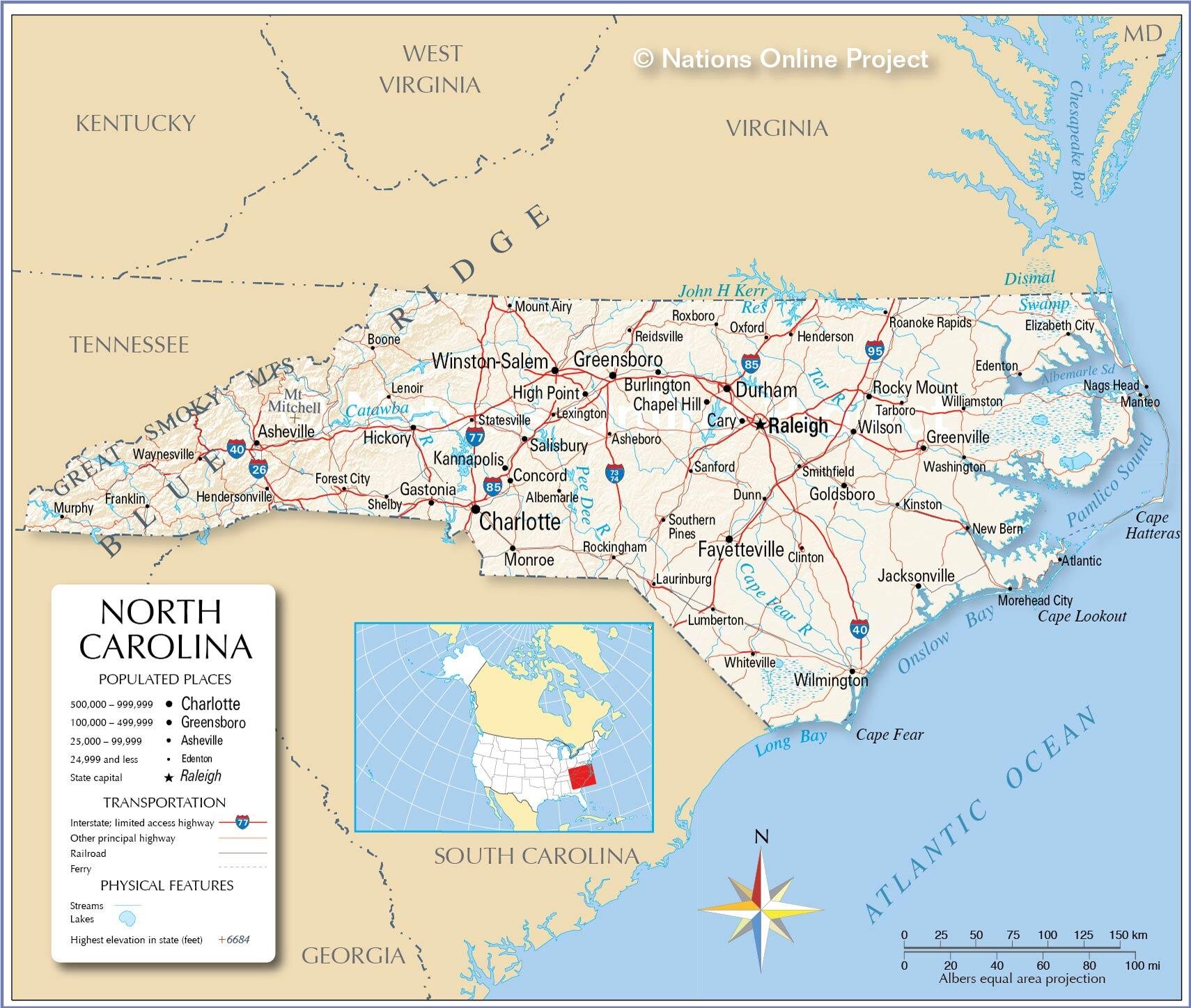 Bản đồ của tiểu bang North Carolina