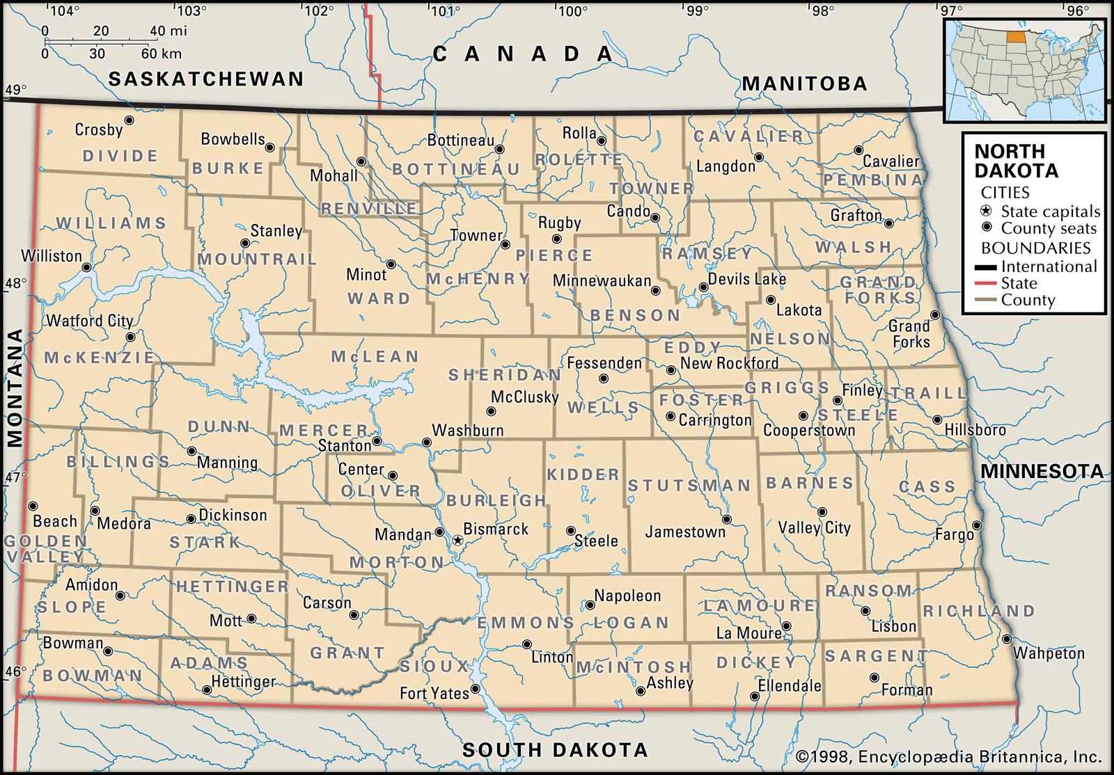 Bản đồ của tiểu bang North Dakota